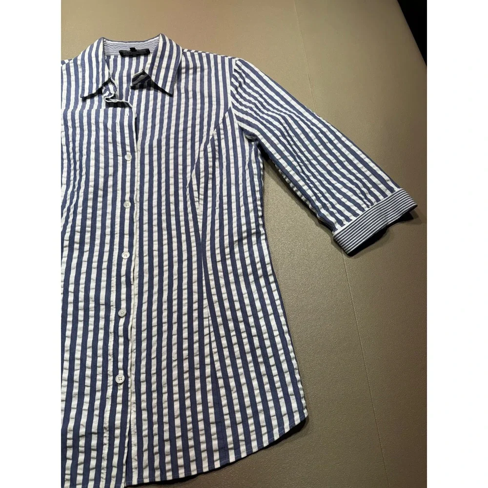 Lafayette 148 New York Blue White Seersucker Striped Button Down Shirt Size 10 - Picture 2 of 11